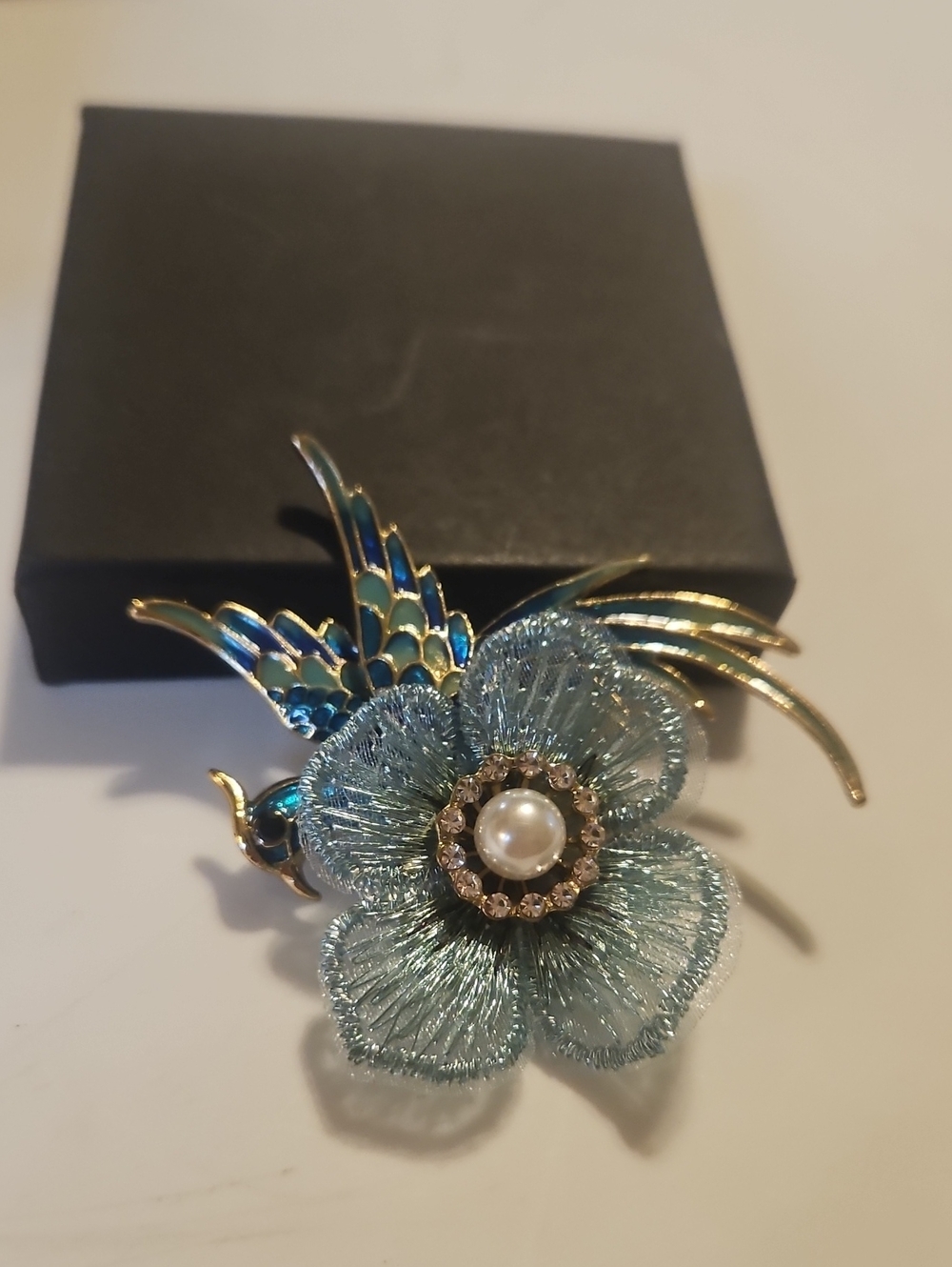Blue Flower and Bird Brooch with Pearl and Crystal Accents